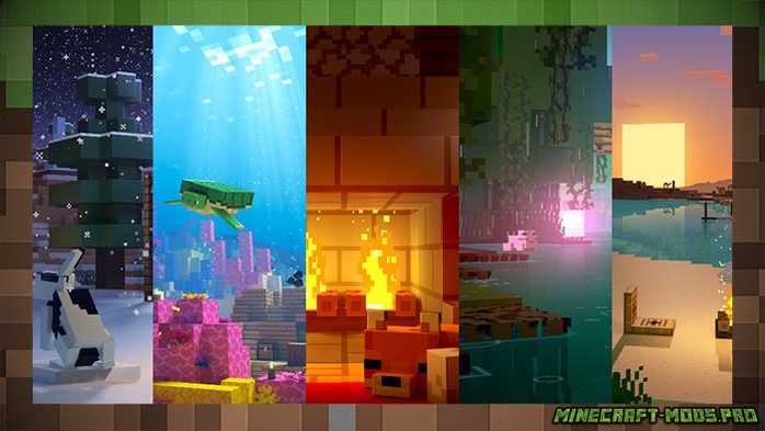 Minecraft: расслабляющие сценами (камин, падающий снег, аквариум и т. д.)